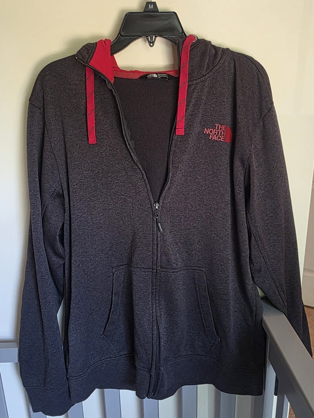 The North Face Mens Charcoal Zip Hoodie with Red Accents Size Large